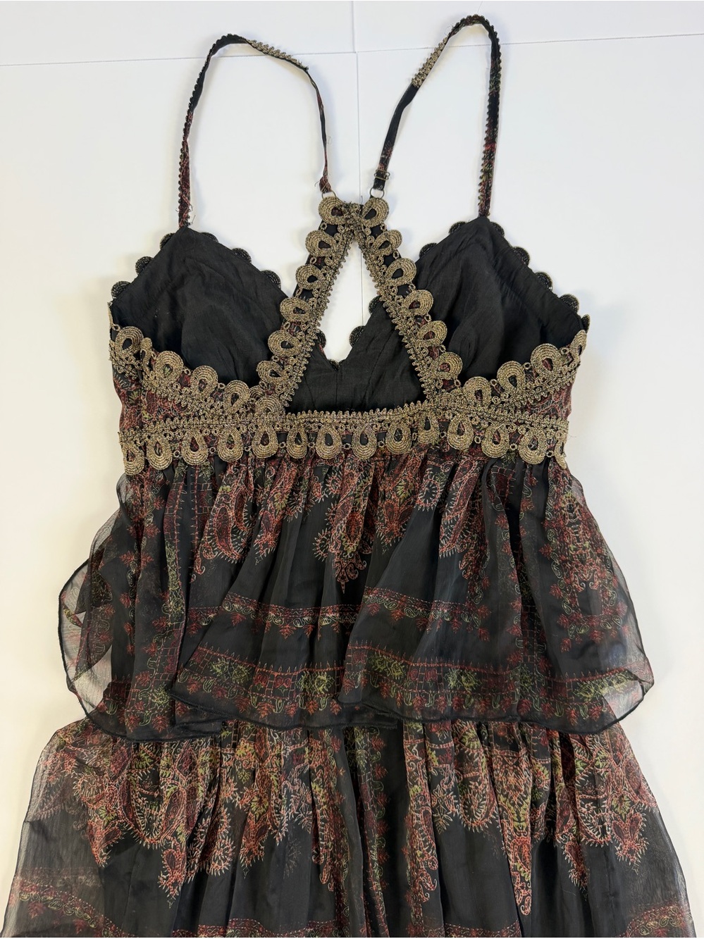 Free People Paisley Tiered Sheer Maxi Dress Gold Trim Boho Festival 2 - Picture 4 of 6